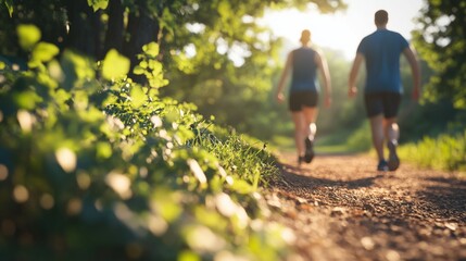 Obraz premium Two people walking hand in hand along a peaceful forest trail du daytime enjoying nature and fresh air, with greenery and sunlight filte through trees