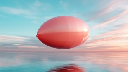 A single pink balloon gracefully hovers above the serene ocean waters, reflecting the soft pastel colors of the sky during sunset, evoking a sense of tranquility and wonder.