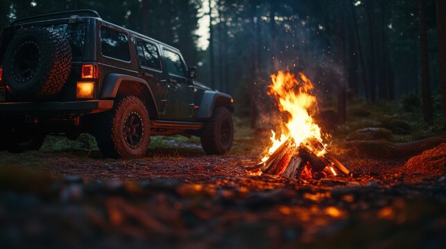 Dark forest scene with SUV and campfire.