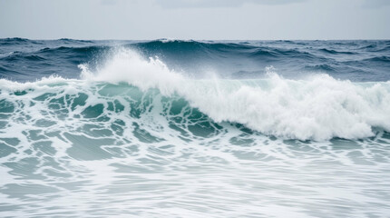 Captivating ocean wave crashing and spraying on a cloudy day outdoors