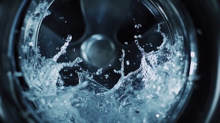 Close up shot of water splashing inside of a washing machine during a cleaning cycle in motion
