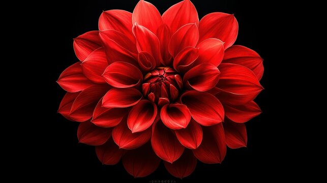 Beautiful vibrant red dahlia flower with detailed petals and lush green foliage isolated on a black background for floral design and botanical photography