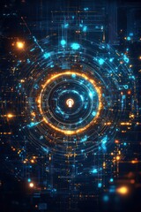 Obraz premium Digital Technology Background with Abstract Circular Lock and Bright Glowing Lines for Cybersecurity Concept Design