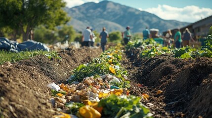 Obraz premium Rural community gardening scene with vegetable crops growing in soil beds, farmers working outdoors on sunny day with mountains and trees in background