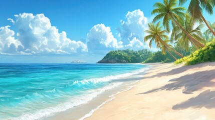 Idyllic tropical beach scene with clear turquoise waters, soft white sand, lush green palm trees, bright sunny sky, and distant island under a blue sky