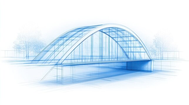 Arched bridge architectural blueprint modern design wireframe structure engineering plan