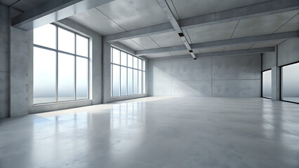 Fototapeta premium Spacious modern loft room with white wall and concrete floor interior