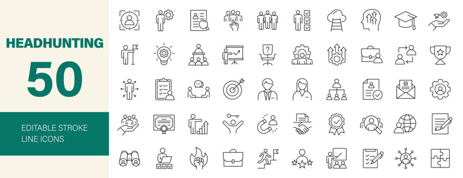 Headhunting icon set. Containing recruitment, employment, hiring, job, career, resume, work group, candidate, HR, business and more. Editable line icons. Vector illustration.