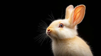 Obraz premium A charming portrait of a white rabbit against a black background, emphasizing its soft fur, expressive brown eyes, and endearing features to evoke feelings of innocence and warmth.