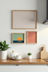 Three small framed canvases on a kitchen shelf , country, vertical, kitchen decor