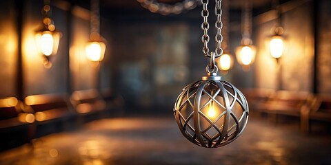 Metal pendant suspended from a chain in a dimly lit room with soft focus background, dangling, soft focus