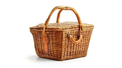 Colonial wicker picnic basket isolated on white background. 