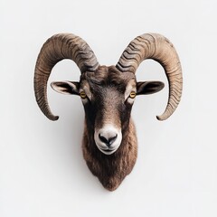 Fototapeta premium Close up portrait of mouflon ram head with large horns taxidermy on white background studio shot
