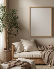 Minimalist Living Room with Natural Elements, Cozy Couch, and Blank Canvas for Artwork Display
