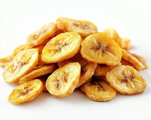 Dried Banana Slices Piled Together in a Bright and Light Background for Healthy Snack Representation