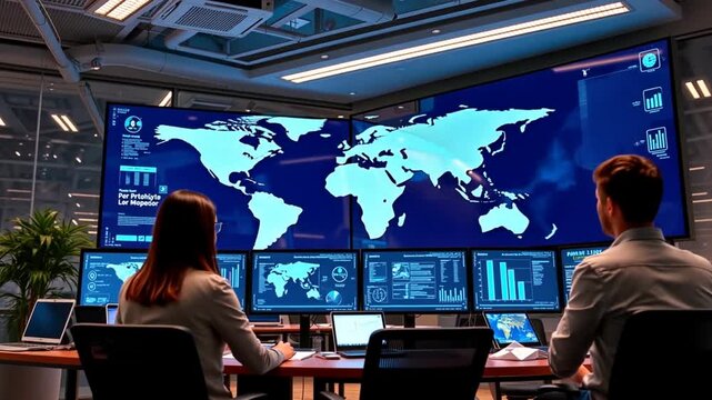 Global network operations center, teamwork analyzing worldwide data for cybersecurity and strategic planning