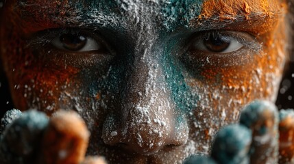 Close-up of a face painted with Indian flag colors in intense detail expressing identity, emotion and patriotism perfect for Independence Day of India visuals and cultural campaign designs