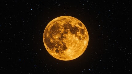 Bright Yellow Full Moon Illuminating Night Sky with Dense Clouds and Numerous Small Stars in the Background Du Clear Weather
