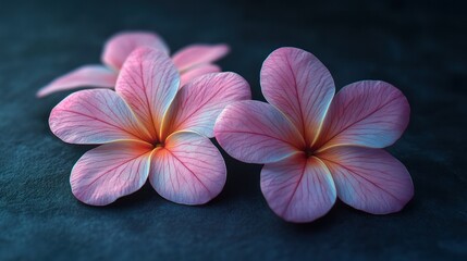 Beautiful pink and peach tropical flowers with delicate petals and vibrant colors on dark textured background, Close-up of exotic blossoms for nature artwork