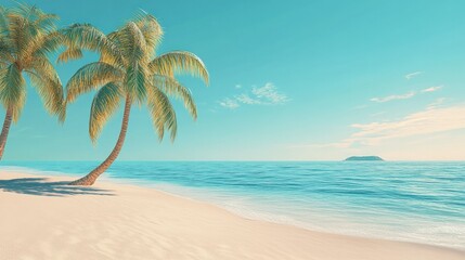 Serene tropical beach scene with tall palm trees sandy shore gentle waves clear blue sky and distant island peaceful coastal landscape perfect for travel tourism