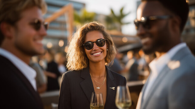 Networking event on a rooftop with drinks during sunset