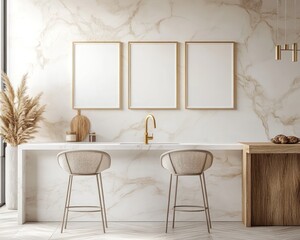 Elegant Minimalist Kitchen Interior with Beige Marble Wall and Contemporary Bar Stools Featuring Gold Accents and Natural Decor