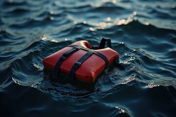 A red life jacket floats alone on the surface of dark, rippling water, illuminated by natural light.