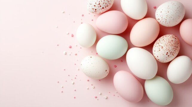 A delightful arrangement of pastel colored eggs set against a soft pink background, evoking feelings of spring, renewal, and the festive spirit of Easter celebrations.