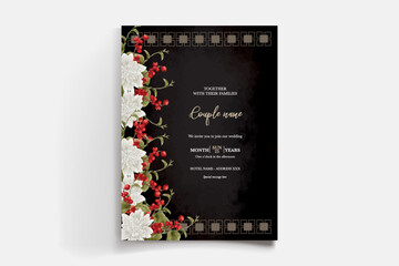 WEDDING INVITATION FRAME WITH FLOWER DECORATIONS AND FRESH LEAVES