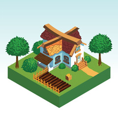 Vector isometric illustration with a farm on a square base. House, vegetable garden, vines and trees in bright colors and cute style isolated from the background.