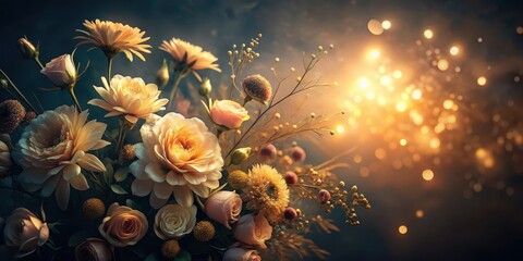 Dark abstract background with soft warm glow from above illuminating delicate floral arrangement, diffuse lighting, abstract background