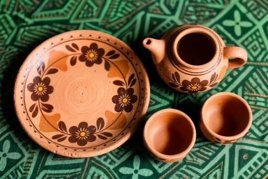 top view closeup beautiful gujarati khavda pottery earthen terracotta crockery tea cups kettle & tray in roadside market exhibition stall dilli haat new delhi incredible india concept