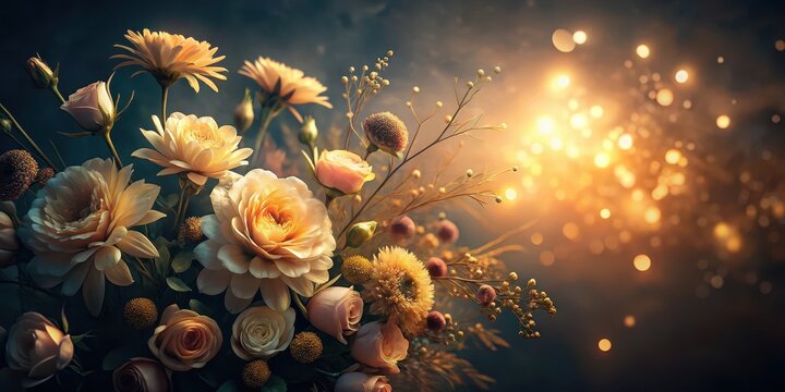 Dark abstract background with soft warm glow from above illuminating delicate floral arrangement, diffuse lighting, abstract background
