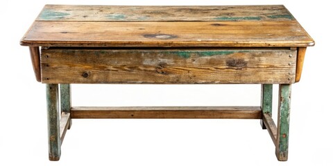 Weathered wooden school desk with a scratched surface, revealing worn wood grain and faded paint, antique furniture, scratched surface