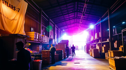 Warehouse interior with workers managing boxes and crates bright light, highlighting climate change awareness and carbon footprint reduction