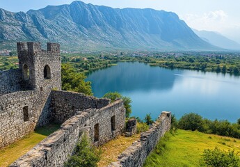 Naklejka premium Scenic View of Ancient Ruins Overlooking Serene Lake and Majestic Mountains Under Clear Blue Sky