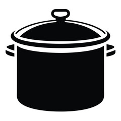 Black silhouette drawing shows a lidded cooking pot with handles, simple and clear
