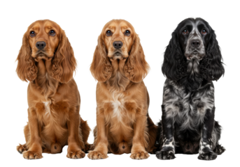 Charming photorealistic studio shot of three English Cocker Spaniels (e.g., one black, one golden/buff, one roan) sitting side-by-side, looking forward with soft, expressive eyes and long floppy ears.