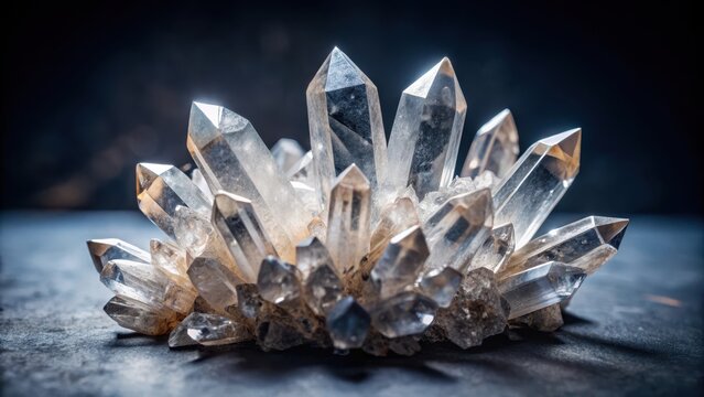 Crystal quartz cluster on a dark background with intricate patterns and geometric shapes, texture, minerals,  texture