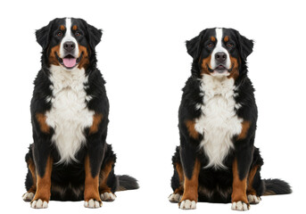 Photorealistic studio shot of two large Bernese Mountain Dogs with characteristic tri-color markings (black, rust, white) sitting majestically side-by-side, looking calmly at the camera. 