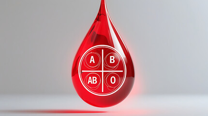 A clean white poster featuring a glowing red drop with symbols for A, B, AB, and O blood types representing universal donation