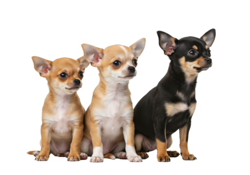 Photorealistic studio shot of three tiny smooth-coat Chihuahuas (different colors like fawn, black, white) sitting close together in a small group but distinctly separate, looking alertly in different