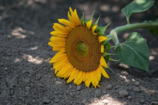 Single sunflower lying on the dry soil