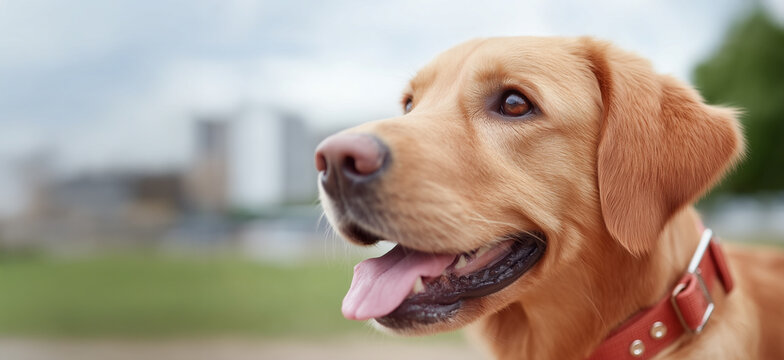Golden retriever dog. Beautiful cute labrador dog on the background of the city