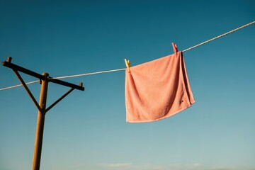 Pink towel hanging on a clothesline against a clear blue sky