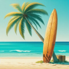 A weathered surfboard leaning against a tall, gently swaying palm tree on a pristine sandy beach
