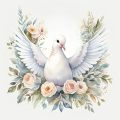A gentle watercolor illustration of a white dove with outstretched wings, surrounded by soft pastel peach and green roses and leaves. Use for peace, love, or delicate floral designs