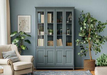 Stylish modern living room featuring a gray cabinet with plants and cozy seating in a serene environment