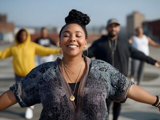 Diversity in exercise & wellness, yoga: Plus-size Black woman leading a yoga class in urban rooftop setting, body positivity and self-confidence.