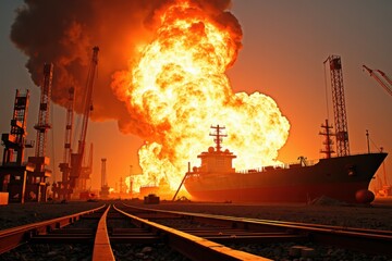 Massive explosion engulfs a docked ship at an industrial port, with flames and smoke rising near cranes and railway tracks.